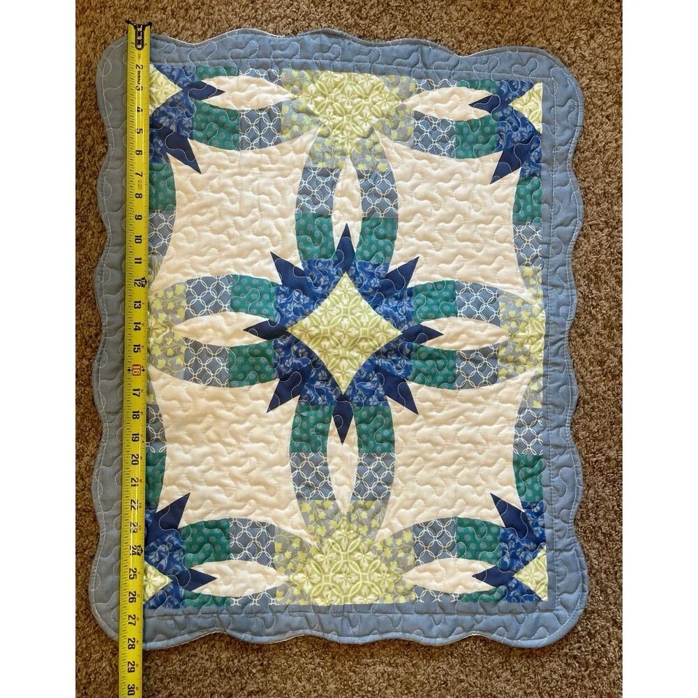 Quilted Double Wedding Ring Pillow Shams Blue Green Set of 2